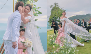 Trang Trần rạng rỡ trong đám cưới lãng mạn với chồng Việt kiều, con gái 8 tuổi dắt tay mẹ vào lễ đường