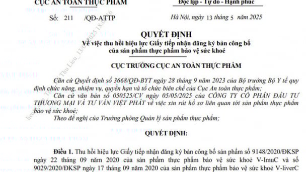 Thu hồi hiệu lực giấy tiếp nhận đăng ký bản công bố của sản phẩm thực phẩm bảo vệ sức khoẻ