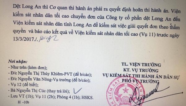 Vụ Dệt Long An: Viện KSND Tối cao chỉ đạo Viện KSND tỉnh Long An giám sát tạm dừng thi hành án