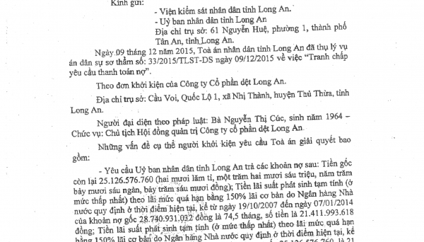 Tòa thụ lý vụ án UBND tỉnh Long An bị kiện đòi nợ