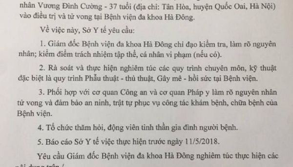 Sở Y tế Hà Nội yêu cầu BVĐK Hà Đông làm rõ vụ bệnh nhân tử vong sau mổ tay