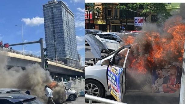 Một chiếc ô tô bất ngờ bốc cháy trên đường Hà nội, toàn bộ ghế lái bị thiêu rụi, xe hư hỏng nặng