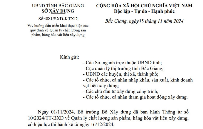 Bắc Giang hướng dẫn triển khai quy định về quản lý chất lượng sản phẩm, hàng hóa vật liệu xây dựng