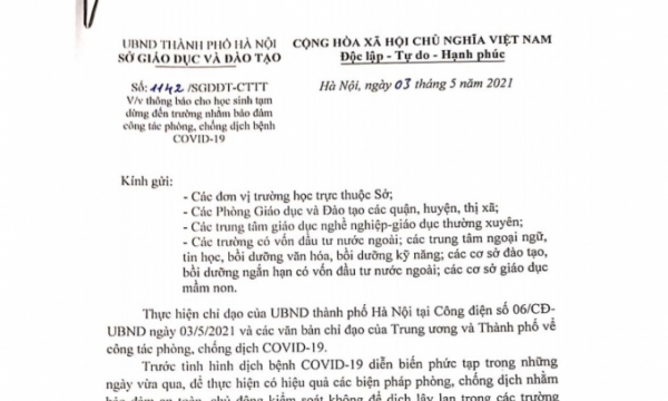 Học sinh Hà Nội tạm dừng đến trường từ ngày mai 4/5 để phòng Covid-19