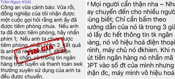 Thông tin cuộc gọi hỏi tiêm phòng khiến bị mất tài khoản ngân hàng là tin giả