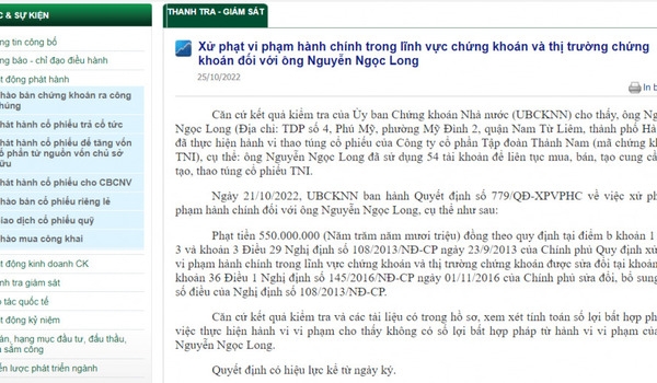 Một nhà đầu tư bị phạt 550 triệu đồng vì thao túng cổ phiếu TNI