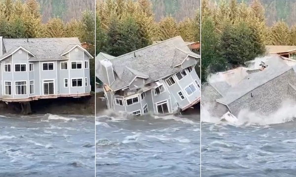 Vỡ đập sông băng gây lũ lụt nghiêm trọng, cả ngôi nhà đổ sụp xuống sông trong chớp mắt