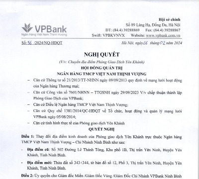 Ngân hàng VPBank sẽ hoạt động PGD VPBank Yên Khánh từ ngày 3/4/2024