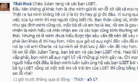Thái Hòa xin lỗi người đồng tính vì “Tèo Em”