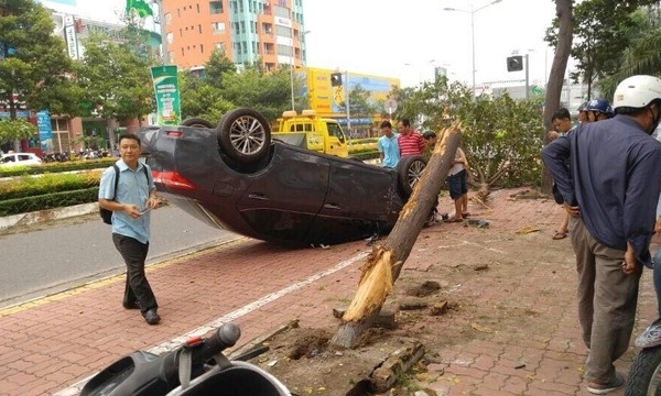 Xế hộp Toyota bay lên nằm trên cây xanh ven đường sau tai nạn