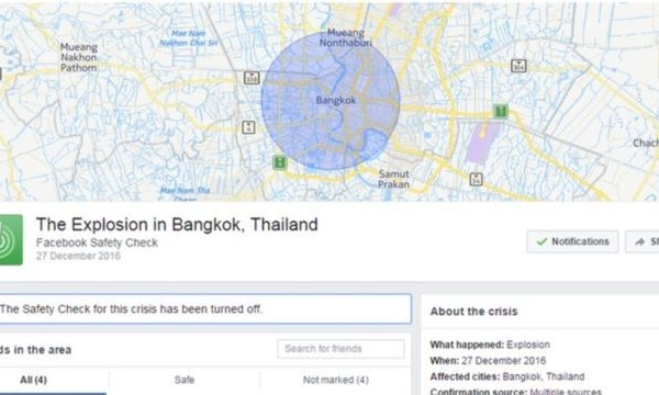 Safety Check của facebook gây cảnh báo giả “có vụ nổ” ở Bangkok