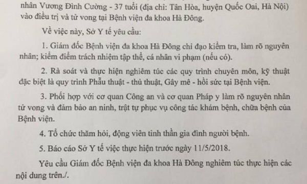 Sở Y tế Hà Nội yêu cầu BVĐK Hà Đông làm rõ vụ bệnh nhân tử vong sau mổ tay