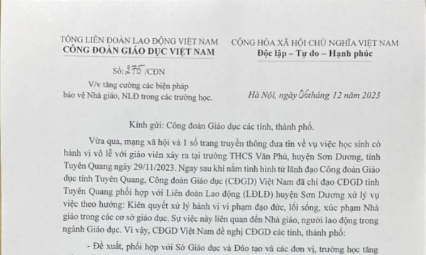 Công đoàn Giáo dục Việt Nam đề nghị tăng cường các biện pháp bảo vệ nhà giáo