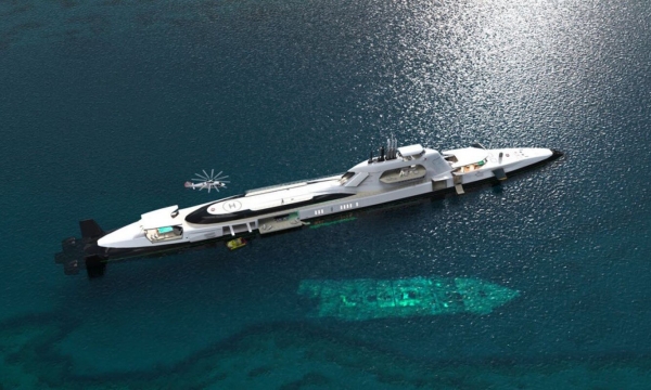 Siêu du thuyền dài hơn 160m, có thể lặn tới độ sâu 250m, được trang bị cả hồ bơi, hầm rượu và rạp chiếu phim
