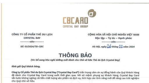 THÔNG BÁO VỀ VIỆC BỔ SUNG KHU NGHỈ DƯỠNG MỚI DÀNH CHO CHỦ SỞ HỮU THẺ DU LỊCH CRYSTAL BAY