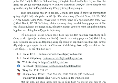 Thông báo chuyển địa điểm văn phòng phục vụ Chủ sở hữu và cập nhật thông tin liên lạc