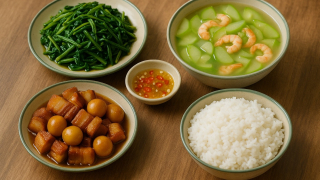 Bữa cơm tối 120 nghìn: Thịt kho trứng cút, canh bầu nấu tôm
