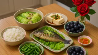 Bữa cơm tối 120 nghìn: Cá lóc hấp hành gừng, canh bắp cải cuộn thịt, đậu hũ sốt tương