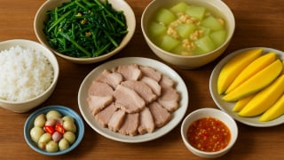 Bữa cơm tối 120 nghìn: Thịt vai luộc chấm mắm gừng, rau muống xào tỏi