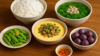 Bữa cơm tối 120 nghìn: Trứng hấp thịt, canh cải nấu thịt bằm, mướp xào tỏi