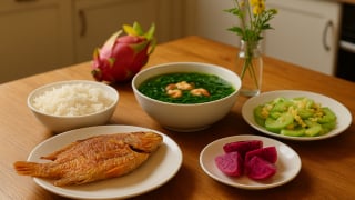 Bữa cơm tối 120 nghìn: Cá điêu hồng chiên giòn, canh rau dền nấu tôm