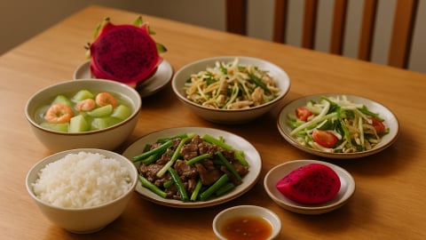 Bữa cơm tối 120 nghìn: Gỏi gà xé phay, Bò xào cần tây, canh bí xanh nấu tôm