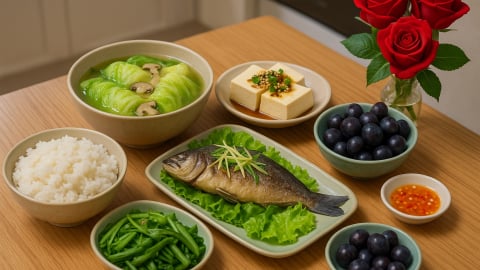 Bữa cơm tối 120 nghìn: Cá lóc hấp hành gừng, canh bắp cải cuộn thịt, đậu hũ sốt tương