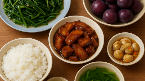Bữa cơm tối 120 nghìn: Thịt vai rim ngũ vị, rau muống xào tỏi