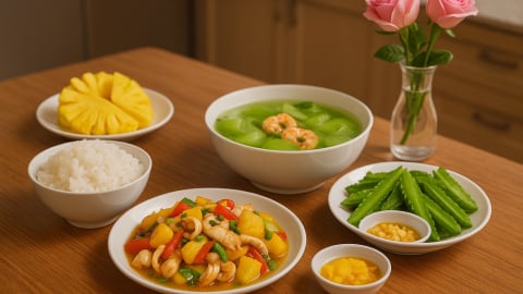 Bữa cơm tối 120 nghìn: Mực xào dứa, canh bầu nấu tôm, đậu rồng luộc chấm mắm trứng