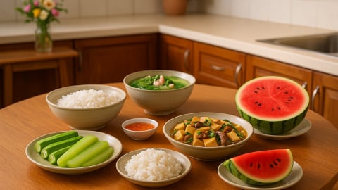 Bữa cơm tối 120 nghìn: Đậu hũ non sốt nấm, canh cải nấu tôm, bầu luộc chấm mắm ớt