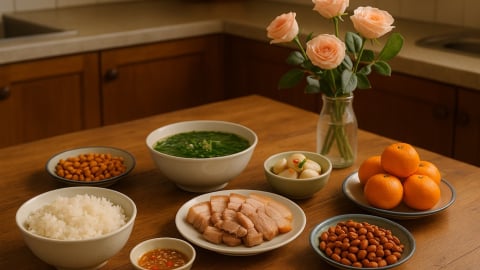 Bữa cơm tối 120 nghìn: Thịt ba chỉ luộc, canh rau cải kèm lạc rang muối giòn bùi