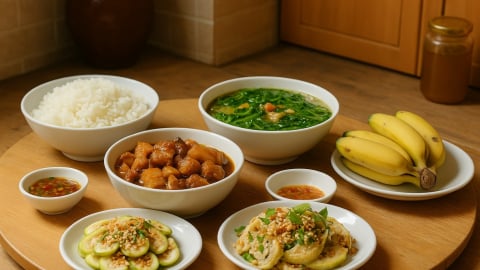 Bữa cơm tối 120 nghìn: Thịt rim mắm ruốc, canh rau tập tàng nấu tôm
