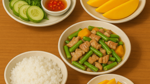 Bữa cơm tối 120 nghìn: Cơm thịt heo xào đậu que, canh bí đỏ tôm, rau sống