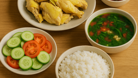 Bữa cơm cuối tuần 120 nghìn: Gà hấp sả, canh rau dền trứng, salad thanh mát