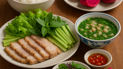 Bữa cơm tối 120 nghìn: Thịt heo luộc cuốn bánh tráng, canh hến nấu hẹ, rau sống chấm mắm tỏi ớt