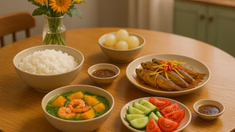 Bữa cơm tối 120 nghìn: Cá bống kho nghệ, canh rau má nấu tôm, dưa leo cà chua chấm mắm nêm