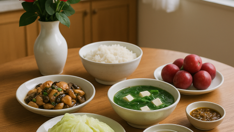 Bữa cơm tối 120 nghìn: Nấm xào bơ tỏi, canh rong biển đậu phụ, bắp cải luộc chấm kho quẹt