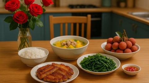Bữa cơm tối 120 nghìn: Thịt rán giòn thơm, canh bí đỏ nấu thịt băm, rau muống xào tỏi