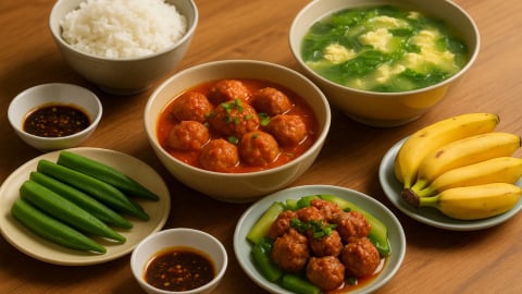 Bữa cơm tối 120 nghìn: Thịt viên sốt cà, canh cải nấu trứng và đậu bắp luộc