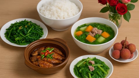 Bữa cơm tối 120 nghìn: Cá diêu hồng sốt gừng, canh bí đỏ, rau muống luộc chấm mắm tỏi