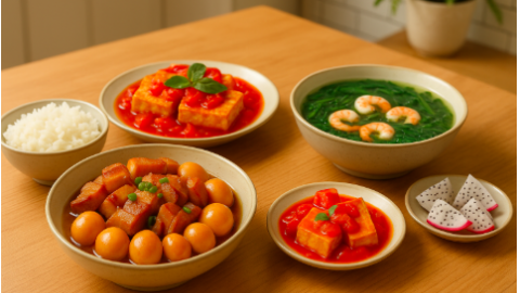 Bữa cơm tối 120 nghìn: Thịt heo kho trứng cút, canh mồng tơi nấu tôm