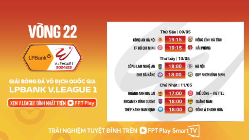 Lịch phát sóng trực tiếp vòng 22 V.League 2024/2025: “Dàn hàng ngang” trước cuộc đua nước rút…