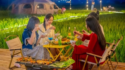 Đang lạ ở Quảng Bình, ban đêm đồng lúa sáng trưng, người thiên hạ ra ngồi 'hóng mát, nhâm nhi cà phê sành điệu'