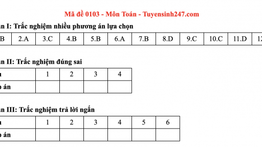 Đáp án môn Toán mã đề 103 thi tốt nghiệp THPT 2025 theo chương trình mới 