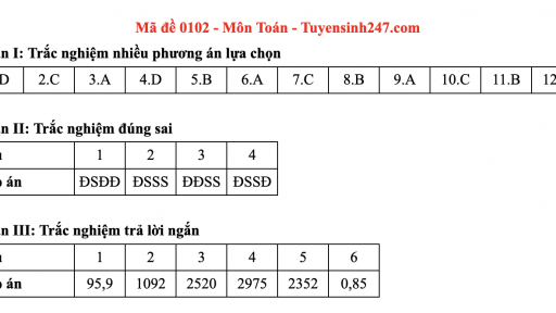 Đáp án môn Toán mã đề 102 thi tốt nghiệp THPT 2025 chương trình mới