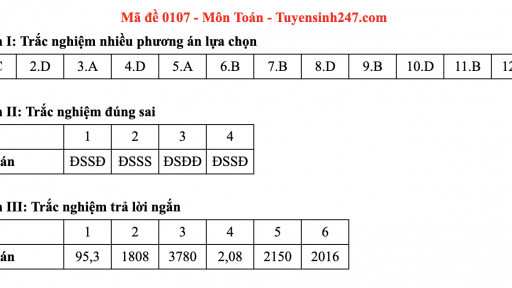 Đáp án môn Toán mã đề 107 thi tốt nghiệp THPT 2025 chương trình mới

