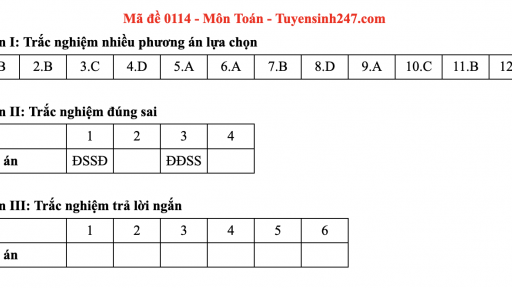 Đáp án môn Toán mã đề 114 thi tốt nghiệp THPT 2025 chương trình mới