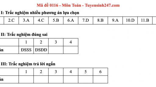Đáp án môn Toán mã đề 116 thi tốt nghiệp THPT 2025 chương trình mới