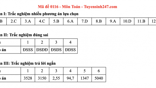 Đáp án môn Toán mã đề 116 thi tốt nghiệp THPT 2025 chương trình mới