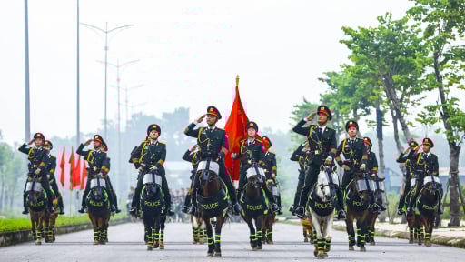 Uy phong lực lượng kỵ binh Cảnh sát cơ động luyện tập diễu binh cho nhiệm vụ A80